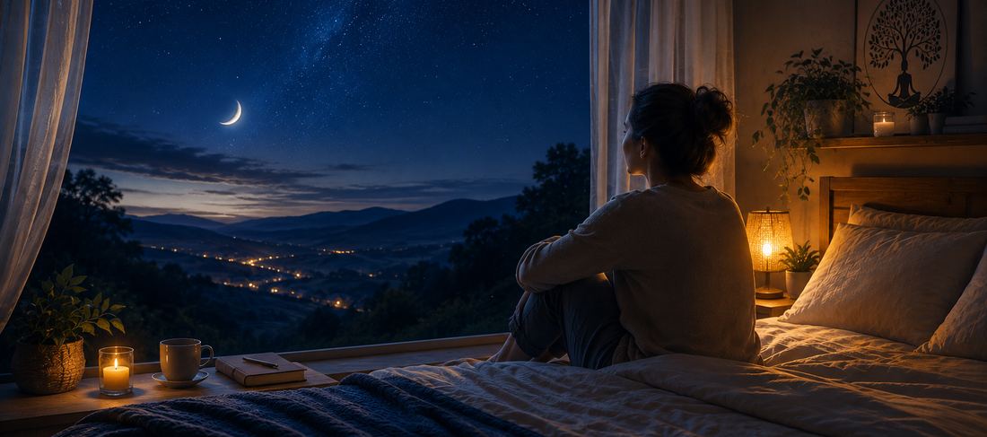 Une femme assise sur son lit, regardant par la fenêtre un ciel de nuit étoilé au-dessus d'une vallée